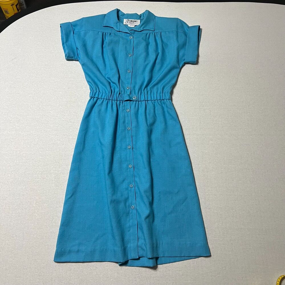 Vintage Germaine Petite 14 Teal Blue Button Front Midi Dress USA Made Retro